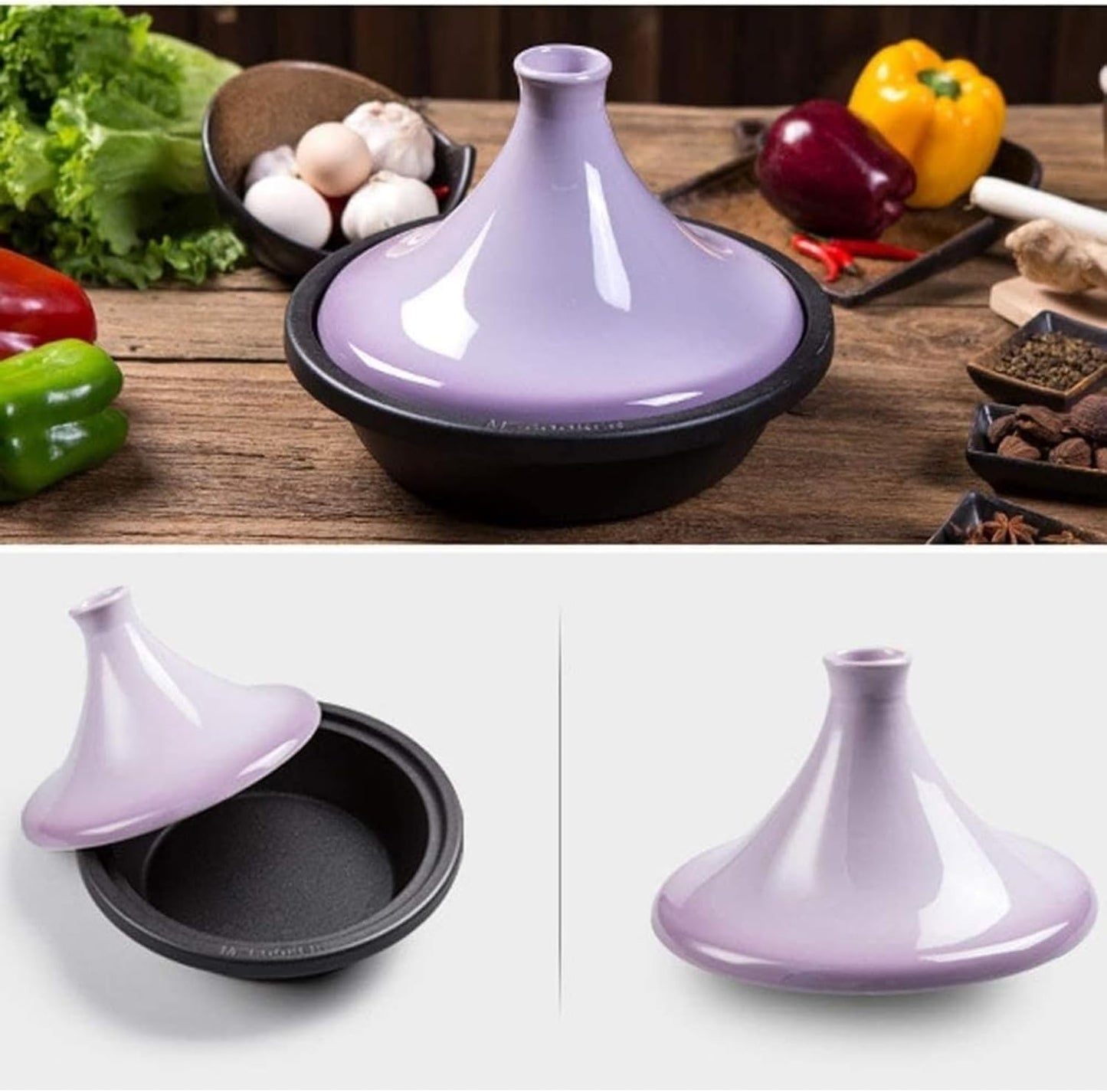 10in Ceramic Tagine Pot with Enameled Cast Iron Base and Cone-Shaped Lid for Braising Slow Cooking Clay Pot Induction Cooker (Purple)