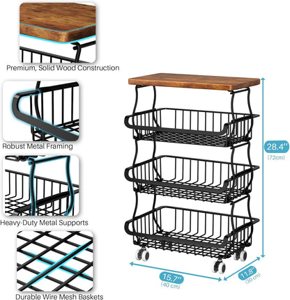 4 Tier Pantry Organizers and Storage Cart with Rolling Wheels, Stackable Metal Pantry Baskets for Pantry Shelves, Kitchen Fruit Basket Stand and Storage Rack for Snack Bottled Water Vegetable Bathroom