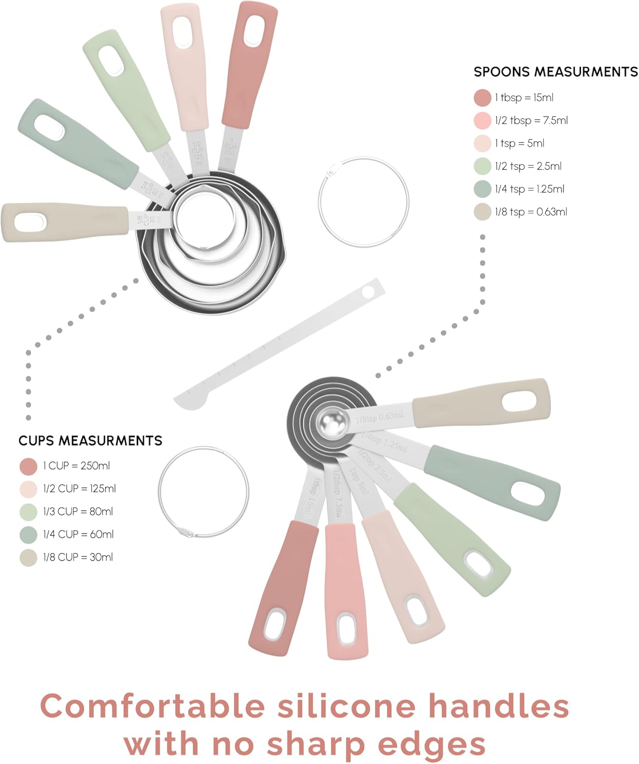 Measuring Cups and Measuring Spoons Set of 14 - Stainless Steel Measuring Cups and Spoons Set, Includes 1/8 Teaspoon Measuring Spoon, 1/8 Cup Measuring Cup, Leveler Dry (14, Country Chic)