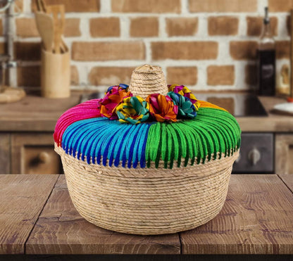 2-Pack Genuine Mexican Handwoven Tortilla Basket, Fiesta Mexican Tortilla Warmer, Tortilla Holder, Tortillero, Palm Straw Baskets Handmade in Mexico, Mexican Bowls (2, Arcoiris)