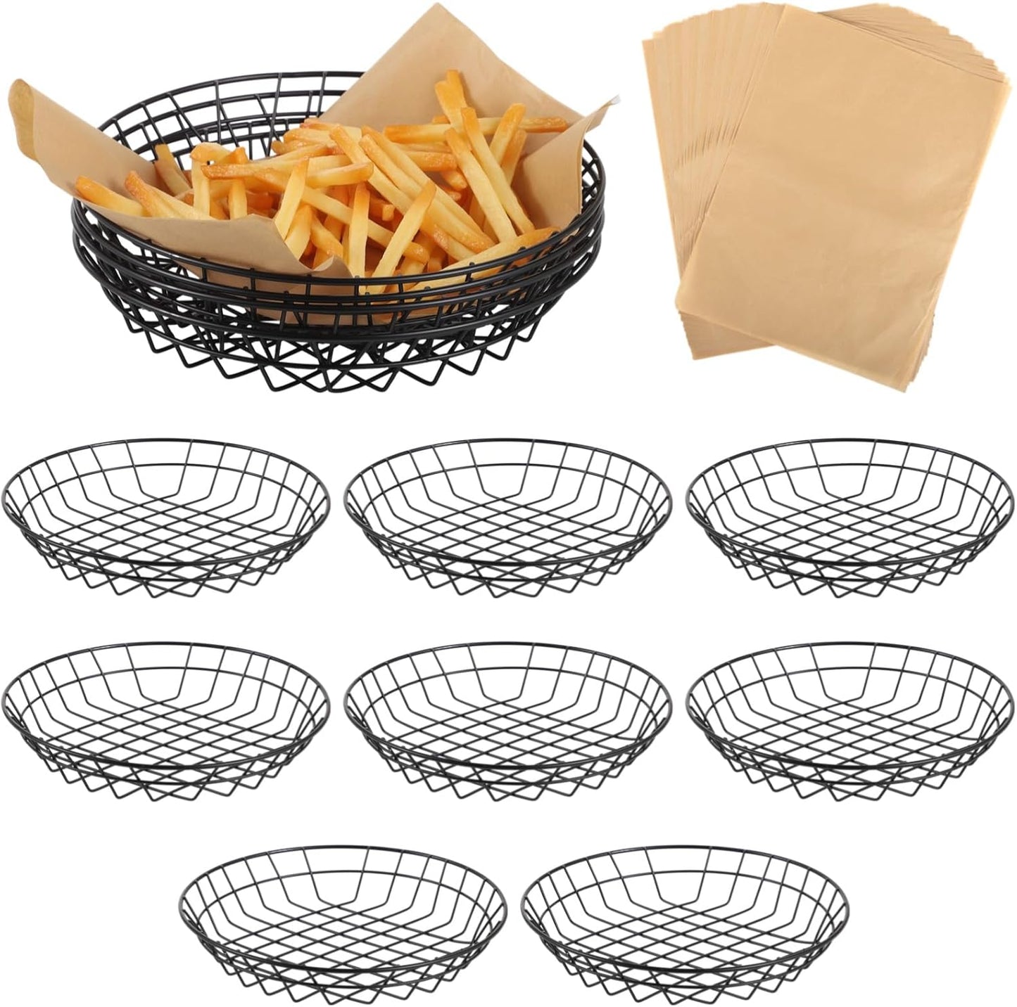 12 PCS Food Serving Wire Baskets, 9.8 x 9.8 x 1.8 Inch Wire Bread Baskets with 50 Sheets Deli Wrapper, Metal Snack Basket with Oil-Absorbing Paper for Restaurant Party
