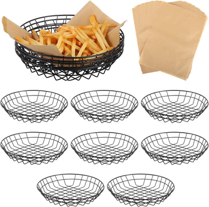 12 PCS Food Serving Wire Baskets, 9.8 x 9.8 x 1.8 Inch Wire Bread Baskets with 50 Sheets Deli Wrapper, Metal Snack Basket with Oil-Absorbing Paper for Restaurant Party