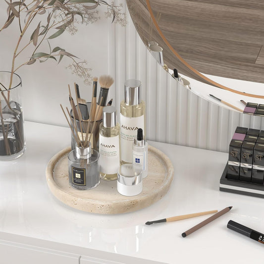 Travertine Tray, Small Ceramic Vanity Tray for Bathroom Counter Decor, Round Marble Decorative Trays for Coffee Table (Beige, Medium Size)