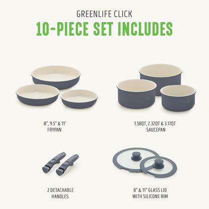 GreenLife 10 Piece Nonstick Pots & Pans Set, Detachable Handle & Stackable Cookware Set, Non Toxic PFAS-Free Skillets, Induction Kitchen Pans, Space Saving, Serving Bowls, Oven Safe, Graphite