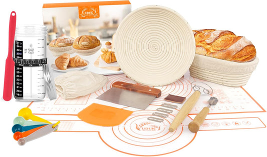 Sourdough Starter Kit, Baking Supplies Set with 2 Banneton Proofing Baskets, 24oz Sourdough Jar, Silicone Pastry Mat, Bread Sling and Essential Tools for Bread Making