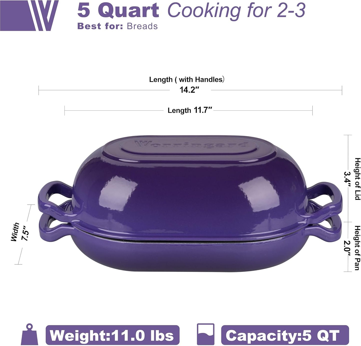 Enameled Cast Iron Sourdough Bread Oven, Dutch Oven, Loaf Cast Iron Bread Pan for Homemade Bread Baking, Meatloaf Pan with Lid, 5QT, Purple