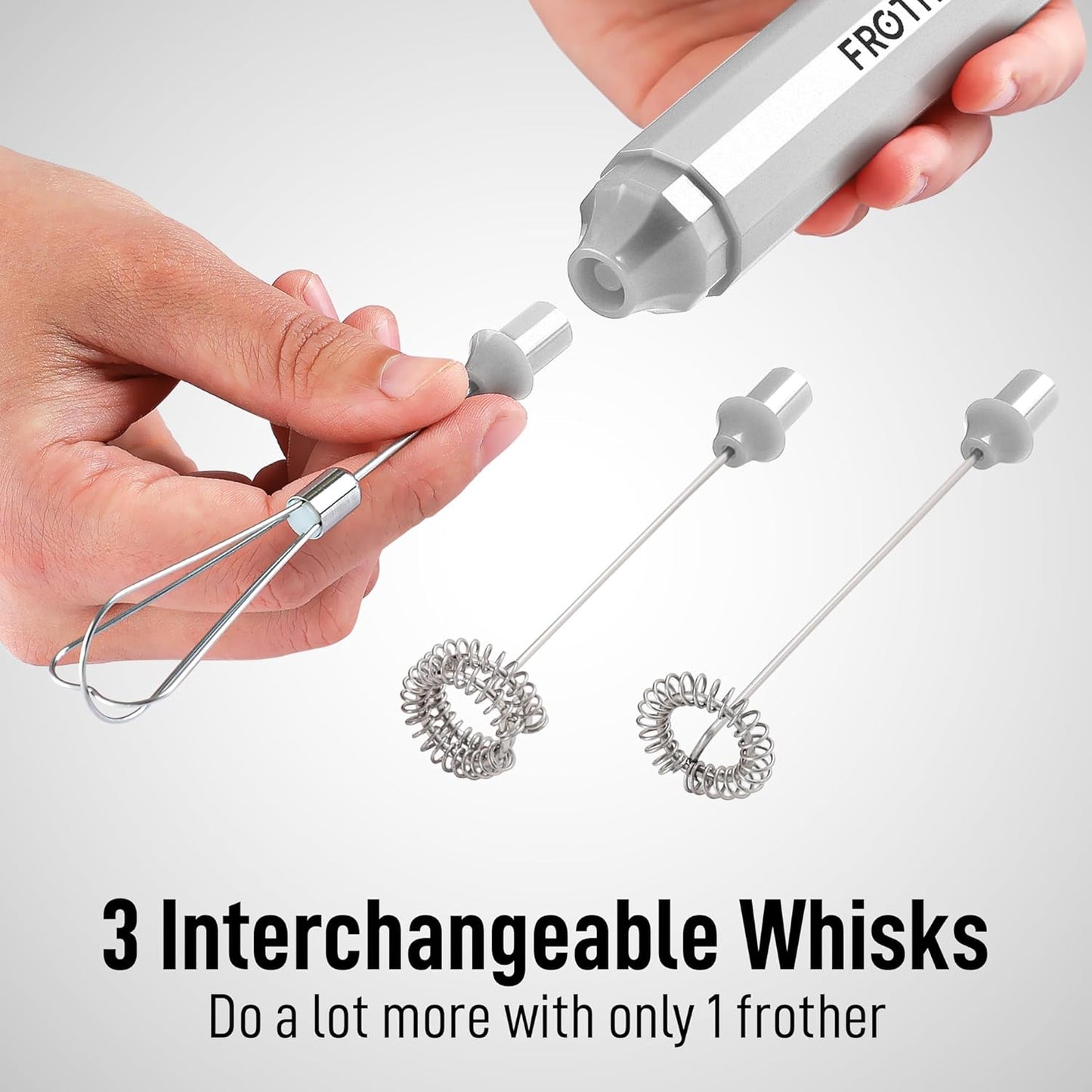 Zulay Froth N Go Milk Frother – Rechargeable 3-in-1 Handheld Frother Wand with Travel Case & USB-C Charger – Single, Double & Egg Whisk for Latte, Cappuccino, Matcha, Protein Shakes – Silver