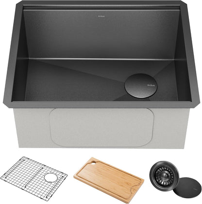KRAUS Kore 23 Inch Undermount Workstation 16 Gauge Black Stainless Steel Single Bowl Kitchen Sink in PVD Gunmetal Finish with Accessories, KWU1111-23-PGM