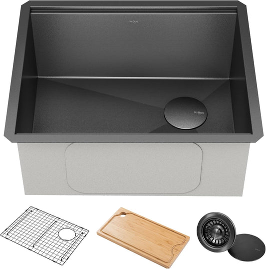 KRAUS Kore 23 Inch Undermount Workstation 16 Gauge Black Stainless Steel Single Bowl Kitchen Sink in PVD Gunmetal Finish with Accessories, KWU1111-23-PGM