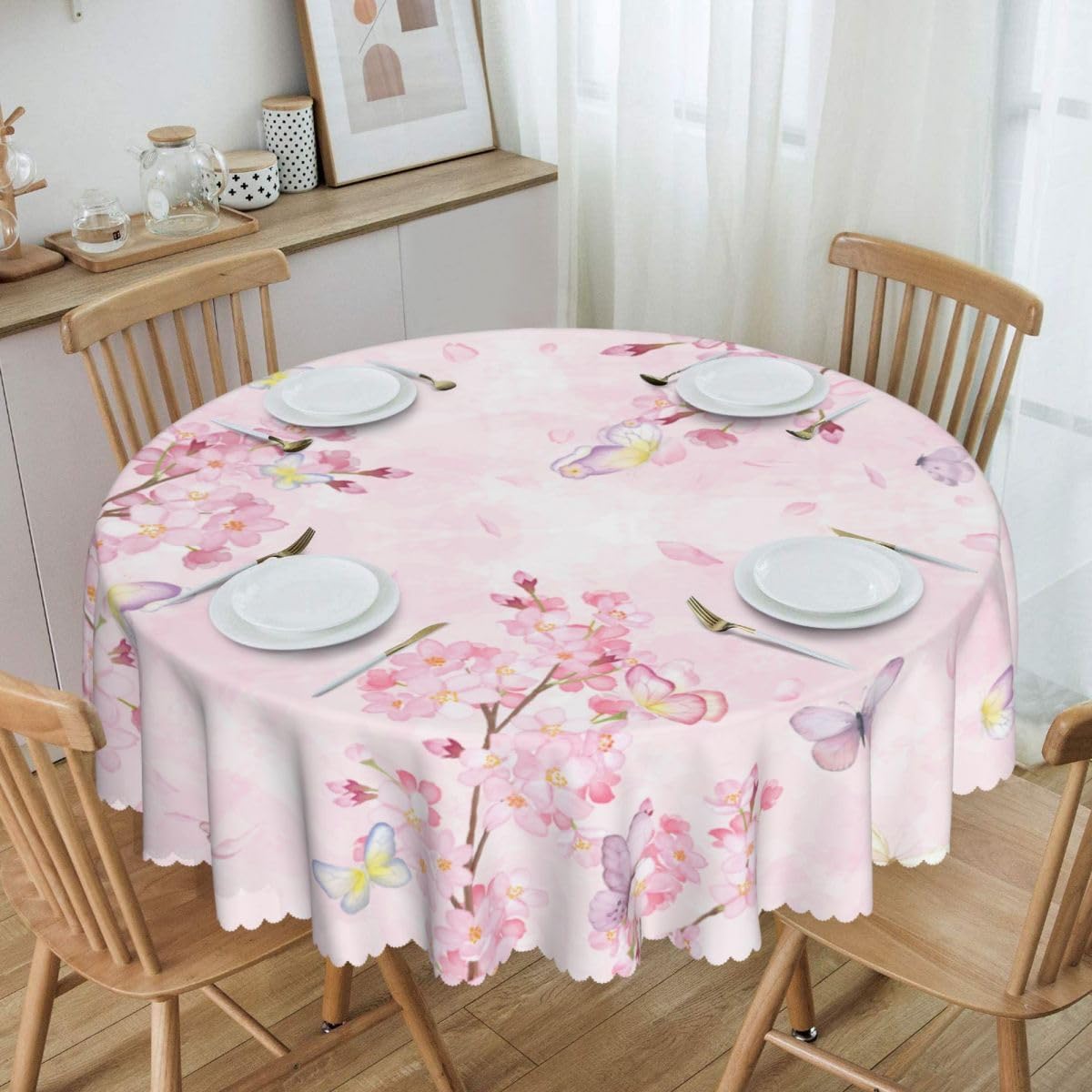 Cherry Blossom Tablecloth, Watercolor Pink Floral Butterfly Seasonal Farmhouse Water Resisitant Wipeable Table Cover for Dining Kitchen Living Room Home Party Holiday Decor 36 inch Round