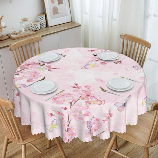 Cherry Blossom Tablecloth, Watercolor Pink Floral Butterfly Seasonal Farmhouse Water Resisitant Wipeable Table Cover for Dining Kitchen Living Room Home Party Holiday Decor 36 inch Round