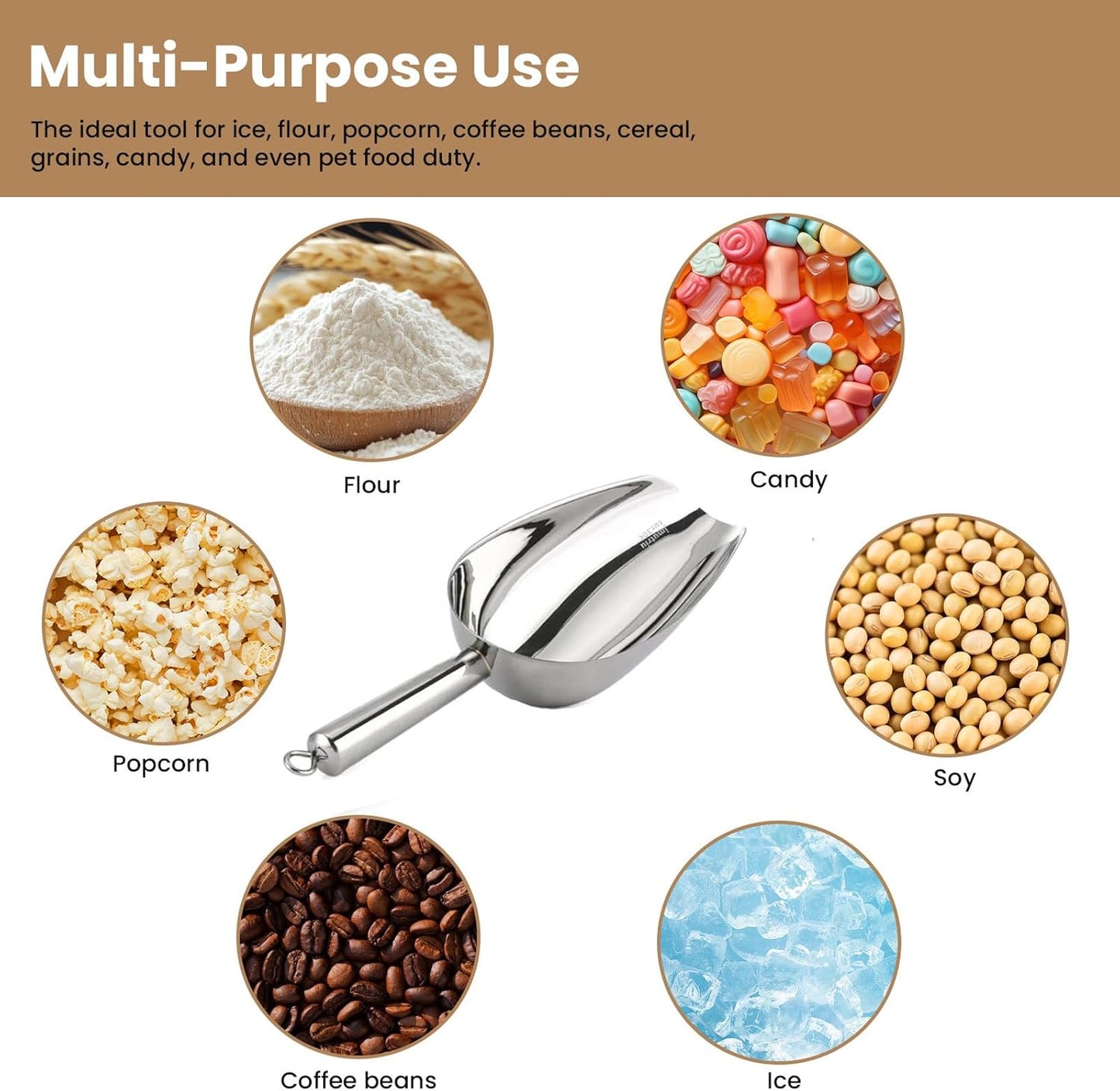 Ice Scoop for Ice Maker, 12 Oz Heavy Duty Ice Shovel, 304 Stainless Steel Commercial Multi-Purpose Spoon for Bar, Kitchen, Party & Pet Food, Easy to Clean, Silver