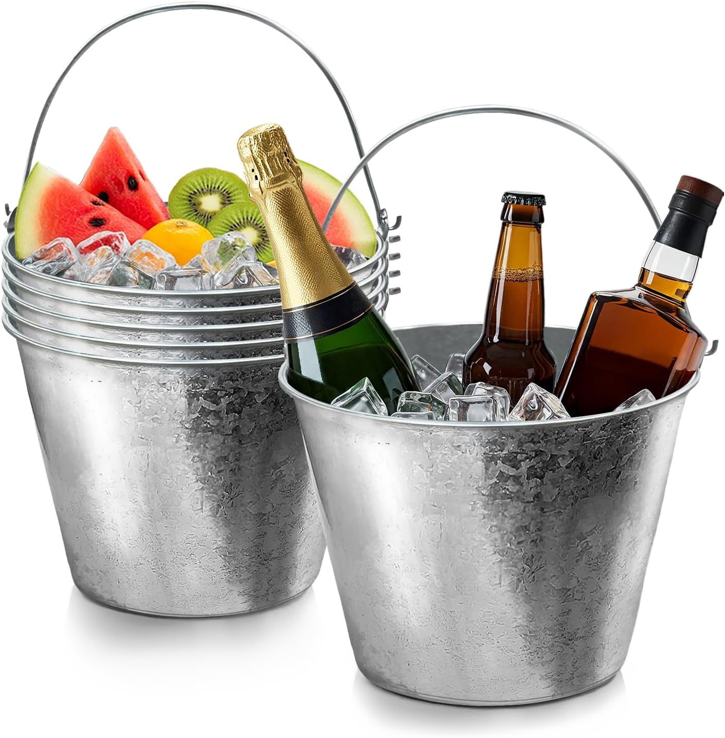 PLEXON Galvanized Metal Ice Bucket for Parties Coctail Bar Restaurant Set of 6 - Drink Beer Champagne Metal Pail Bucket with Handle, Beverage Chiller Cooler Small 1.3 Gallon