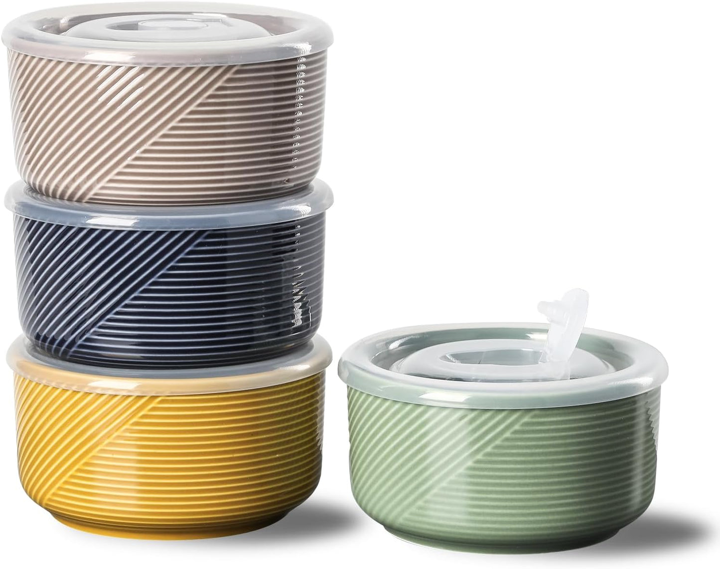 Ceramic Bowls with Lids: 20 oz Microwave Safe Food Storage Containers for Soup, Salad, Cereal, Leftovers, Meal Prep, Lunch, Picnic, Camping, Serving - Airtight, Multicolor, Set of 4