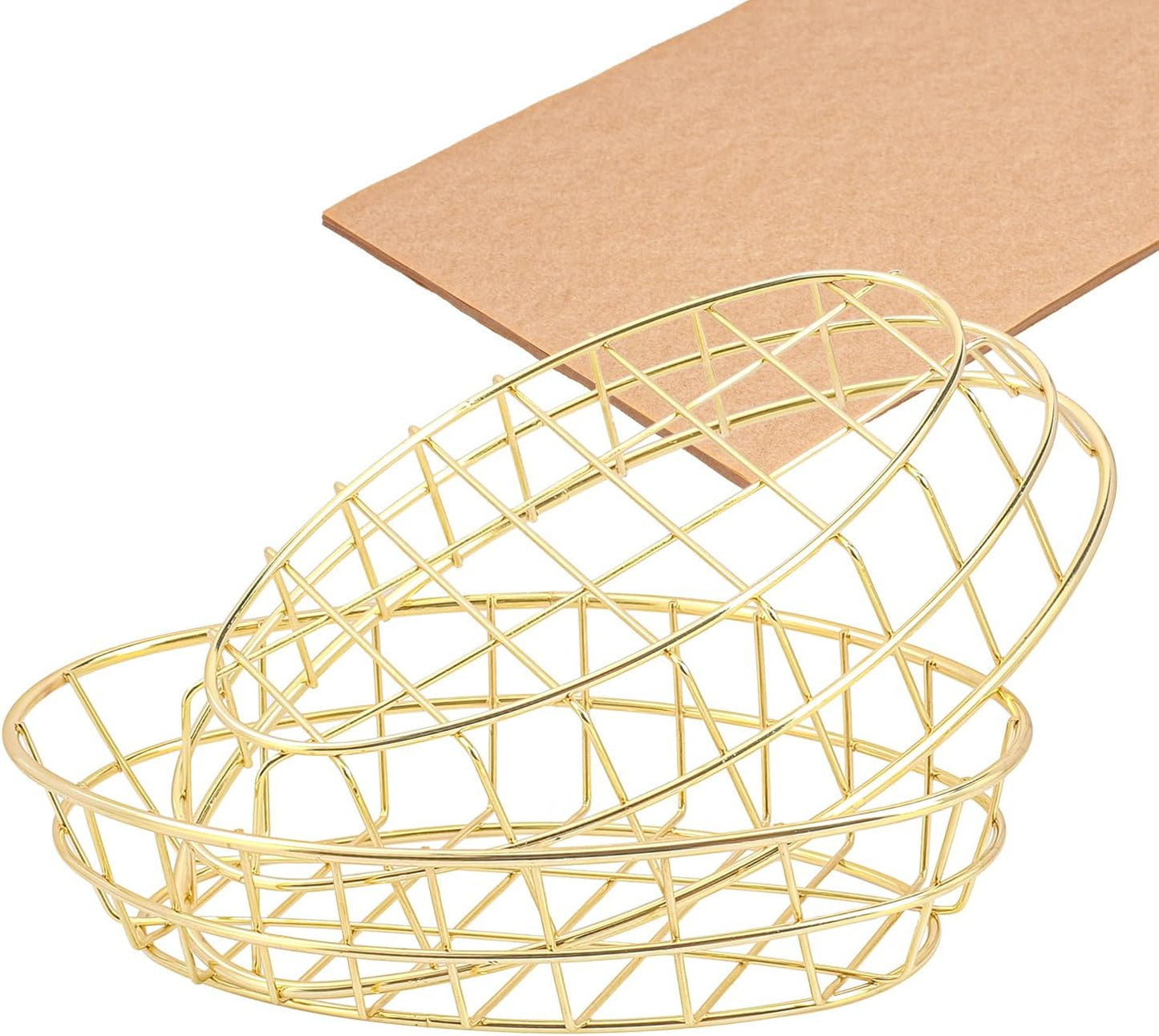 12 Pack Oval Wire Bread Basket, 9.65 x 6.1 x 2.17 Inch Metal Fast Food Baskets with 50 Sheets Deli Wrappers Paper, Metal Dinner Roll Baskets for Home & Kitchen, Serving and Storage(Golden)