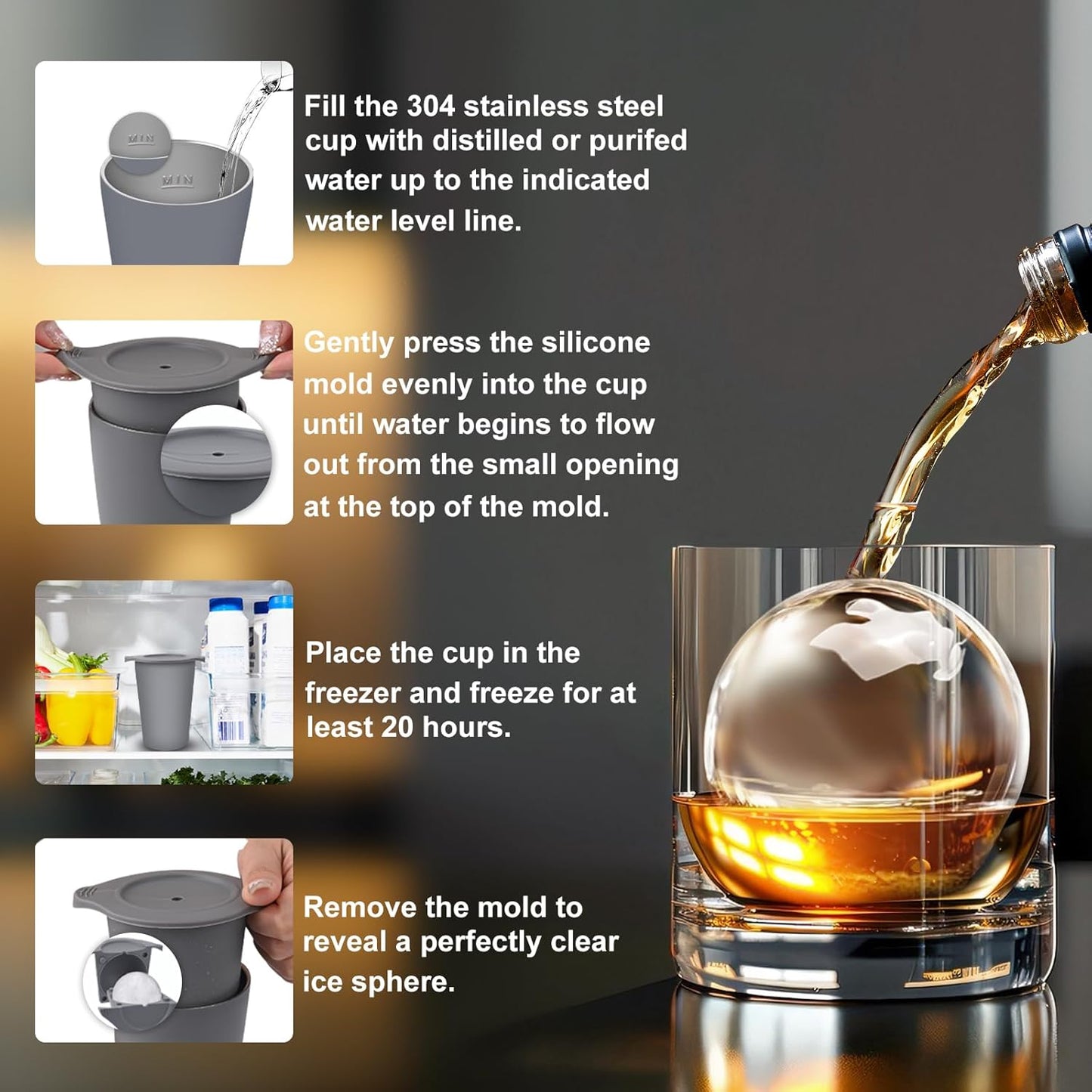 Clear Ice Cube Maker, 2.5" Easy-Release Sphere Ice Maker, Stainless Steel Clear Ice Maker, Non-BPA Premium Silicone Ice Cube Molds for Cocktails, Drinks & Bourbon, Whiskey Gifts for Men - 2 Pack