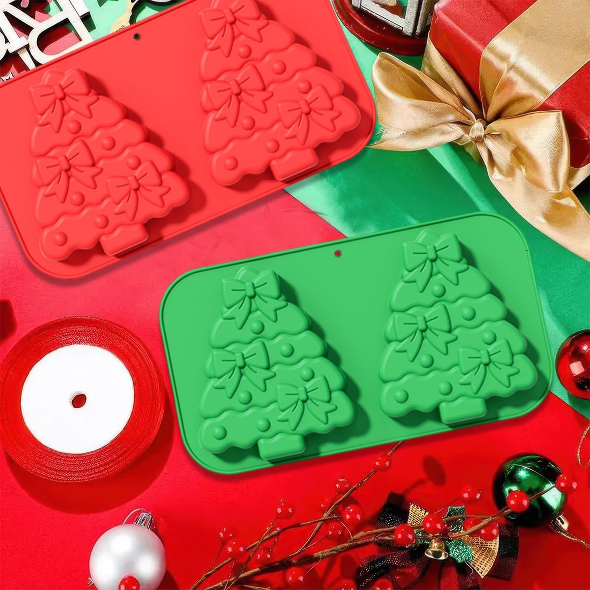 2 Pack Christmas Tree Silicone Molds 2 Cavity Chocolate Molds for Baking 3D Christmas Cake Mold Holiday Candle Resin Mold Xmas Pine Tree Soap Ice Cube Jello Mold for Festival Home Party