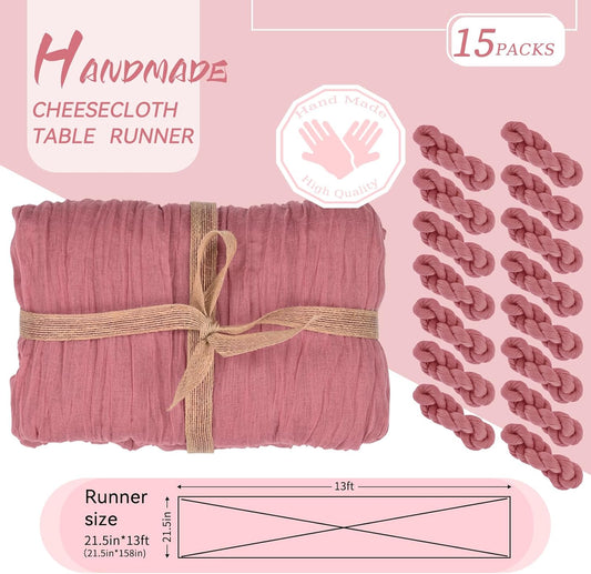 15 Packs Cheesecloth Table Runner Dusty Rose,13 Ft Dark Pink Rustic Gauze Boho Wedding Table Runner Decoration, Wedding Table Decor Table Cloth for Wedding Party Bridal Shower Table,21.5x157in