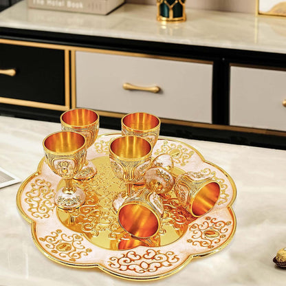 Vintage Turkish Coffee Pot and Cups Set,Tea Service Set Including Teapot,Tea Tray and Metal Cups for Wine Cabinet Decor,Wedding Ornaments (Gold and White)