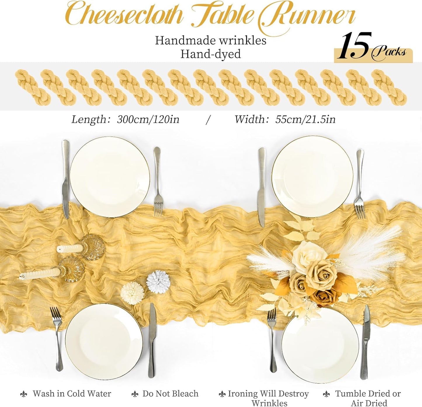 15 Packs Cheesecloth Table Runner Gold,10 Ft Rustic Gauze Boho Wedding Table Runner Decoration, Wedding Table Decor Table Cloth for Wedding Party Bridal Shower Table,21.5x120in