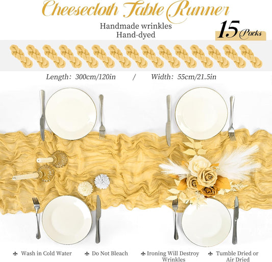 15 Packs Cheesecloth Table Runner Gold,10 Ft Rustic Gauze Boho Wedding Table Runner Decoration, Wedding Table Decor Table Cloth for Wedding Party Bridal Shower Table,21.5x120in