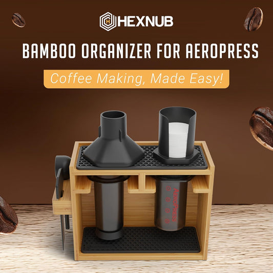 HEXNUB – Bamboo Organizer for AeroPress, Coffee Caddy Station Holds AeroPress Coffee Maker, Accessories, Filters, Cups, Stand includes Dripper Mats (Black)