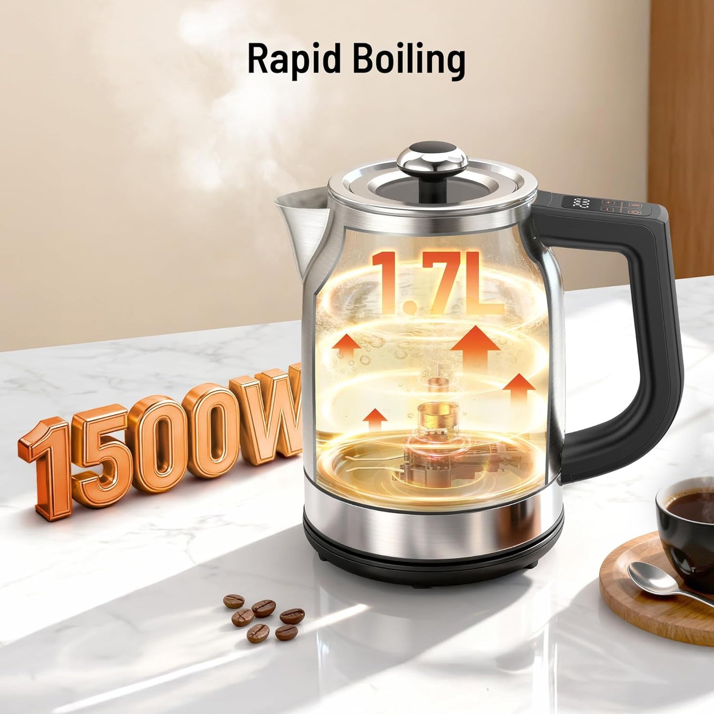 Electric Kettle Temperature Control, 1.7L 1500W Electric Tea Kettle with 13 Temperature Settings, Strix Thermostat, LED Display&Touch Control, Auto Shut-Off Protection, Boil Dry Protection