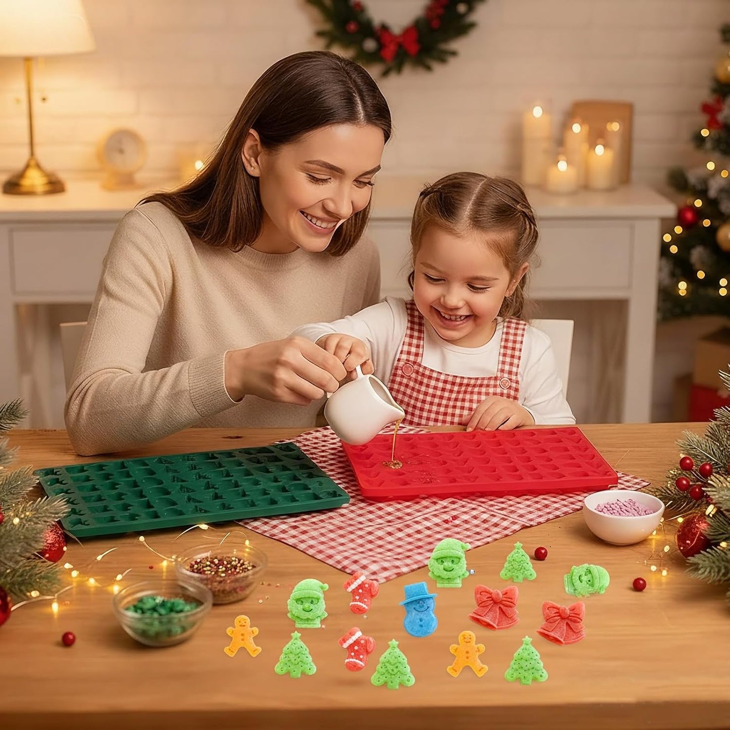 2 Pcs Christmas Silicone Molds, Christmas Tree Christmas Stocking Santa Claus Gingerbread Man Snowman Bell Molds, Xmas Non-stick Baking Mold for DIY Xmas Cake, Chocolate, Candy, Jelly, Gummy