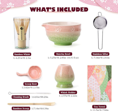 Matcha Tea Set, 8 Pcs Japanese Matcha Kit with Cherry Blossom and Wave Design Ceramic Bowl, Bamboo Whisk, Whisk Holder, Scoop, Sifter, Brush, Matcha Kit Set for Matcha Lovers (Pink-Green)