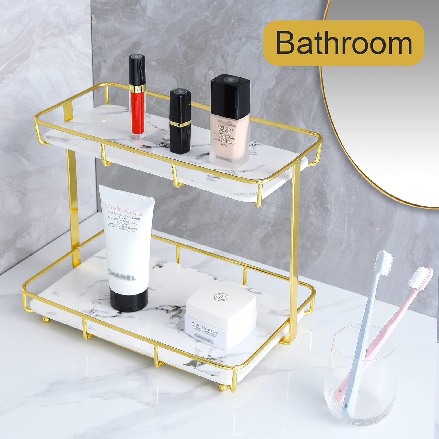 Bathroom Organizer Countertop Perfume Organizer Makeup Organizer Cosmetics Storage Display Rack Vanity Tray Dresser Stainless Steel Gold Shelf White Marble Ceramic Tray