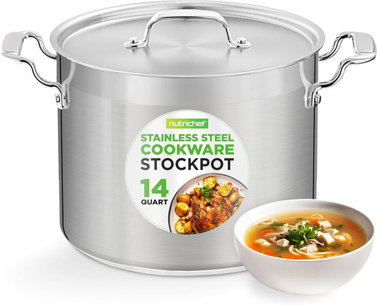 NutriChef Stainless Steel Cookware Stockpot - 14 Quart, Heavy Duty Induction Pot, Soup Pot with Stainless Steel Lid, Gas, Induction, Ceramic, Glass and Halogen Cooktops Compatible - NCSPT14Q
