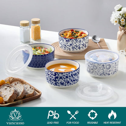 vancasso 36 Oz Ceramic Serving Bowls with Lids Set of 4, Porcelain Lunch Bowls with Lids for Food Storage, Prep Bowl for Kitchen, Microwave & Dishwasher Safe,Series SELENE