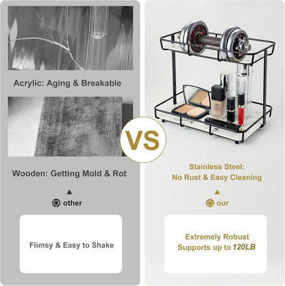 Bathroom Organizer Countertop Perfume Organizer Makeup Organizer Cosmetics Storage Display Rack Vanity Tray Dresser Stainless Steel Gold Shelf White Marble Ceramic Tray (2 Tier L-Black)