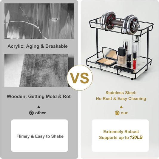 Bathroom Organizer Countertop Perfume Organizer Makeup Organizer Cosmetics Storage Display Rack Vanity Tray Dresser Stainless Steel Gold Shelf White Marble Ceramic Tray (2 Tier L-Black)