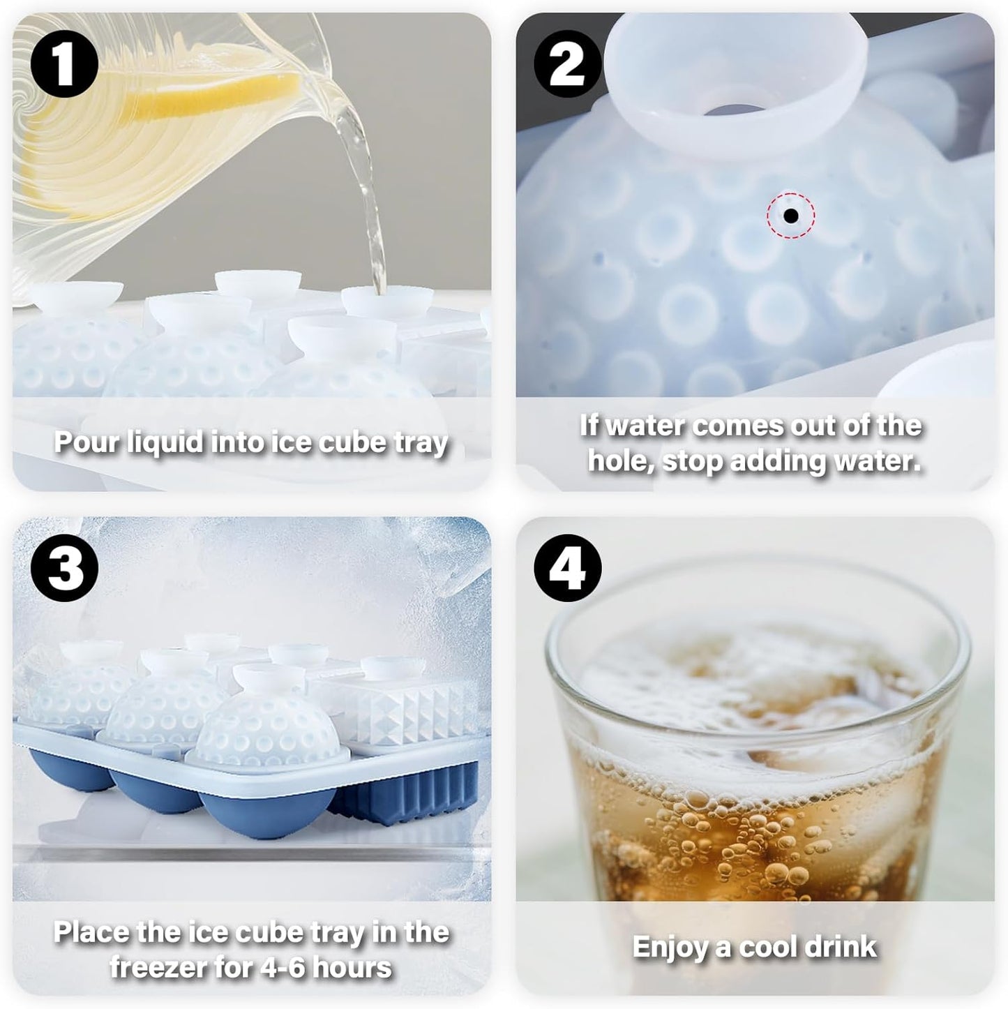 Acomler Large Silicone Ice Cube Tray, 3 Big Crystal Cubes & 3 Sphere Golf Ice Tray, BPA Free Ball Ice Molds, Ice Cube Mold with Funnel for Whiskey, Cocktails, 6 Holes Fun Shape Ice Maker Mold (Blue)