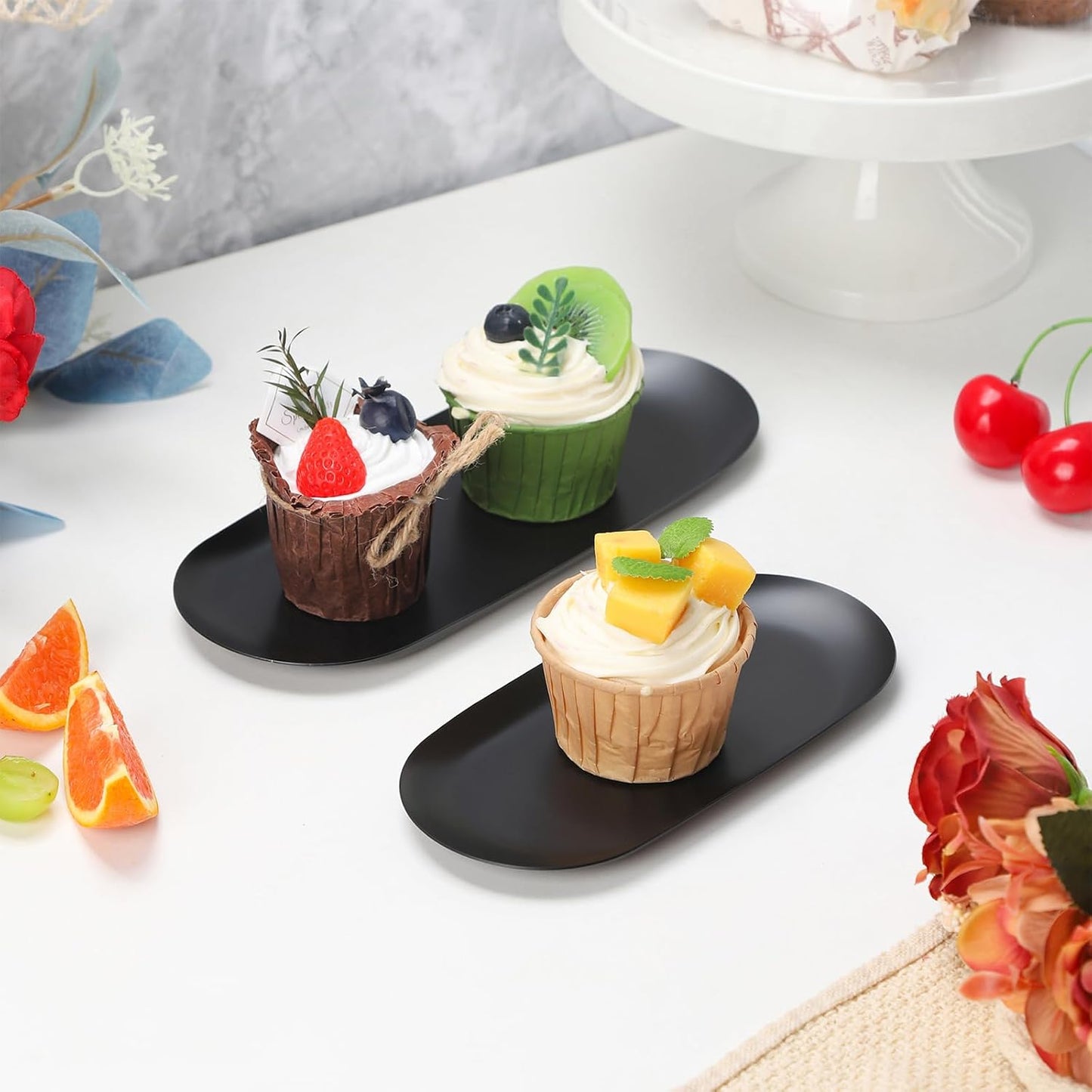 IBWell 2 pcs Black Decorative Serving Tray for Bathroom, 7" Long Small Jewelry Bowl Dish