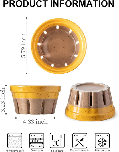 Gomakren Fruit Bowl with Holes, Ceramic Berry Basket Set of 2, 5.8 Inch Round Fruit Storage Containers, Strawberry Baskets, Farmhouse Kitchen Decor, Yellow + Brown