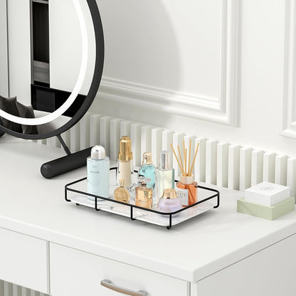 Vanity Tray Makeup Organizer Cosmetics Storage Bathroom Skincare Organizer Countertop Display Rack in Dresser Stainless Steel Shelf Marble Print Ceramic Trays