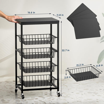 Snack Cart, 5-Tier Kitchen Carts on Wheels with Storage,Fruit Basket Stand with Pull-Out Baskets and Wood Top,Kitchen Organizer for Fruit Vegetable Snack (Black)