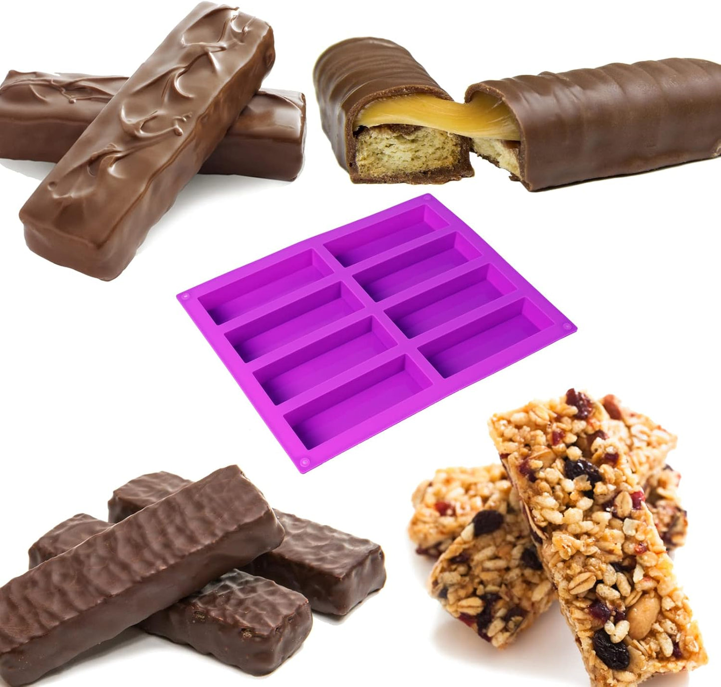 3 Pack Granola Bar Mold Silicone Mold,8 Cavity Rectangle Energy,Cereal Bar Molds for Ganache, Chocolate Bar, Truffles, Cheesecake