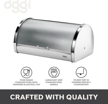 Oggi Stainless Steel Roll Top Bread Box for Kitchen Countertop with Frosted Plexilass Lid - Fits Multiple Loaves of Bread and Other Freshly Baked Goods Including Cookies, Bagels, Muffins