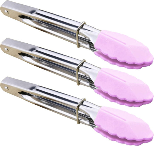 7-Inch Serving Tongs with Silicone Tips Clam Shell Mini Tongs, Set of 3 (Pink)