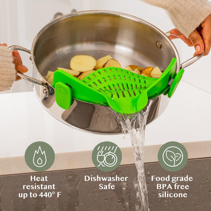 Kitchen Gizmo Snap N' Strain Clip On Strainer for Pots and Pans - Collapsible Silicone Pasta Strainer and Kitchen Gadget for Cooking - Easy to Use, Heat Resistant and Space Saving Colander - Green