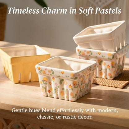 BIEN BEAU Ceramic Berry Basket, Farmhouse Colander, Farmers Market square Bowl. Rustic Kitchen decor fruit bowls, Fruit Baskets, Yellow, White and floral pattern Stoneware Harvest Bowls Set of 4