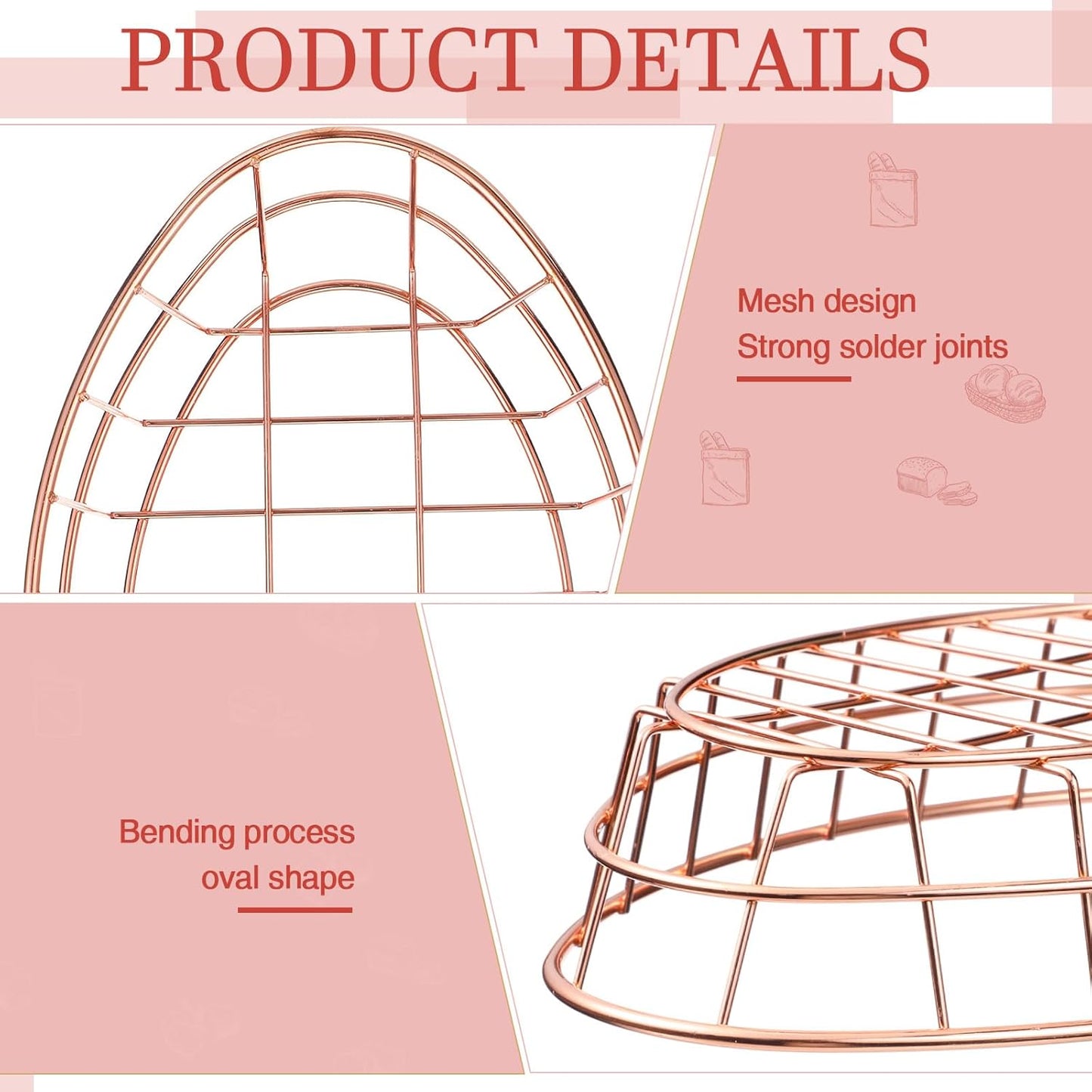 Tioncy 6 Pcs Chrome Oval Metal Wire Baskets 9.5 x 6.2 x 2.2 Inch Bread Serving Decorative Sandwich Container Christmas Party Fast Food Basket for Fruit Burger Kitchen Restaurant(Rose Gold)