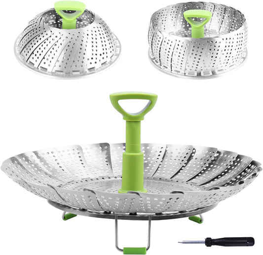 Consevisen Vegetable Steamer Basket for Cooking Food, Stainless Steel Veggie Steam Basket for Pot, Folding Expandable Steaming Insert with Extendable Handle Fits Various Size Pot, 7.1" to 11"