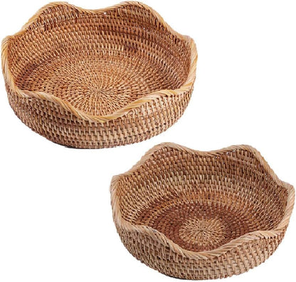 Handmade Rattan Round Fruit Basket Food Storage Bowls Kitchen Organizer Snack Serving Bowl 9 10 Inch Wavy Edge Circle Tray Basket with 3” Deep Wall, Boho Décor Display Tray Bowl (2-Size Kit)