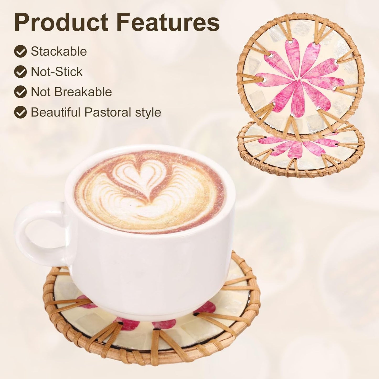 uxcell 2Pcs Handmade Woven Rattan Coasters, Heat-Resistant Drink Coasters for Coffee Table Dining Room Kitchen Coffee Wine Decor, Pink Petal