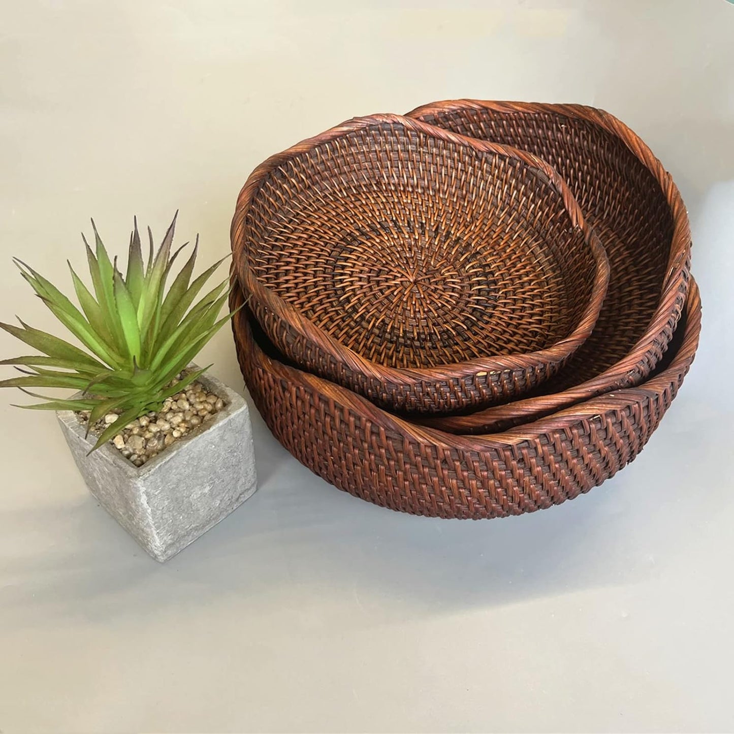 3 Pack Rattan Round Fruit Basket Food Storage Bowls Kitchen Organizer Snack Serving Bowl 9 10 11 Inch Wavy Edge Circle Tray Basket with 3” Deep Wall, Dark Brown Décor Display Tray Bowl 3-Size