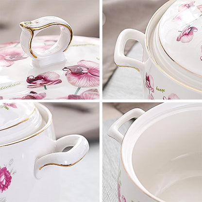 Ceramic Soup Tureen with Lid Large Capacity Round Soup Crock with Lid and Handles, Cooking Pot Stockpot for Serving Salad Pasta Noodles Stew, Microwave and Dishwasher Safe, White Porcelain,Cym